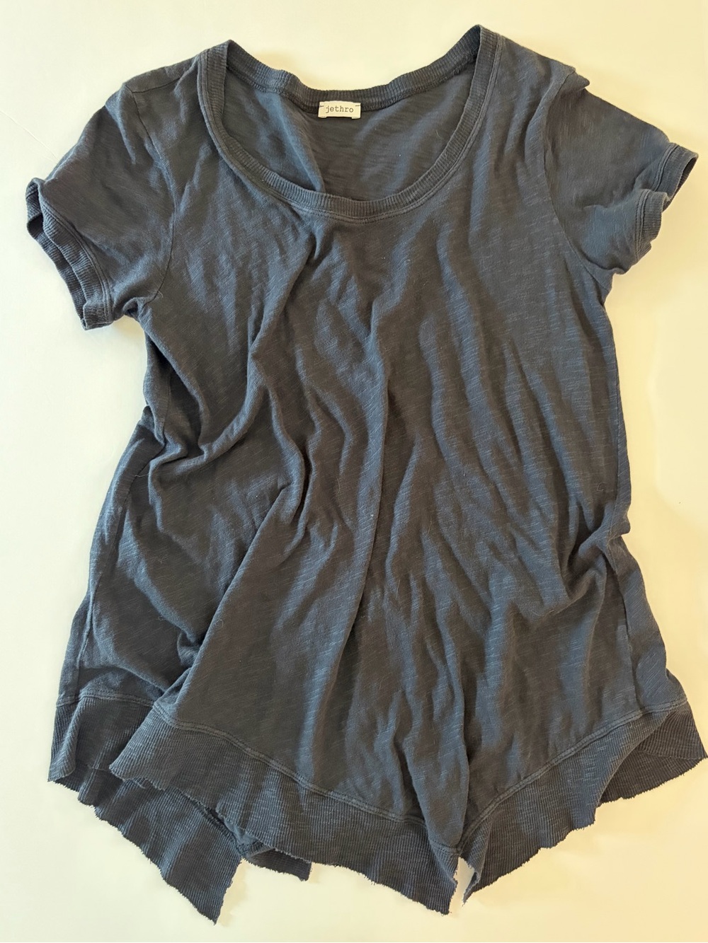 Jethro Women’s Black Cotton T Shirt Scoop Neck And Asymmetrical Hem USA Made